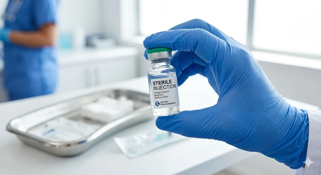 Gloved hand holding a medical product vial